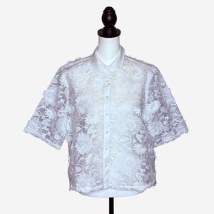 Chicos Sz 1.5 Floral Lace Applique Shirt US Size 10 White Sheer Short Sleeve